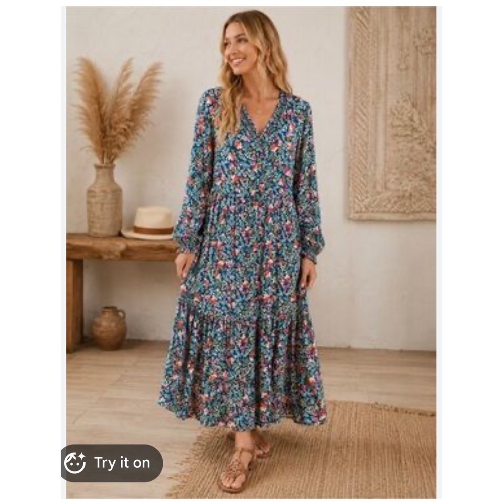Natural Life Teal Floral Tiered Maxi Dress M Boho Cottagecore Prairie Festival